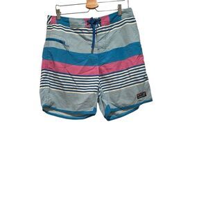 Patagonia Board Shorts Mens‎ 34 Blue Pink Striped Unlined Swim Trunks Wave Logo